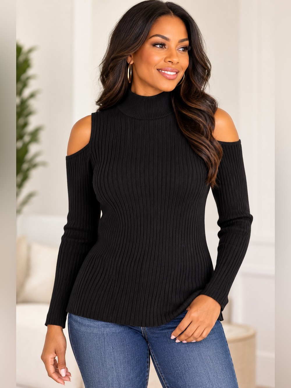 Chico’s Black Ribbed Cold Shoulder Mock Neck Sweater Long Sleeve Large